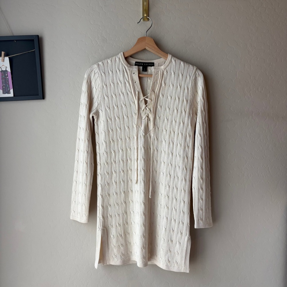 Ralph Lauren Cream Silk Cable Knit Lace Up Tunic Sweater Size Small